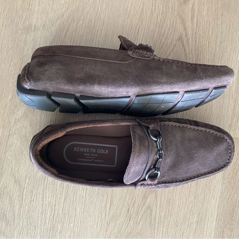 Kenneth Cole NY Brown Suede Driving Loafers Mens Horsebit Chain Slip On 10.5